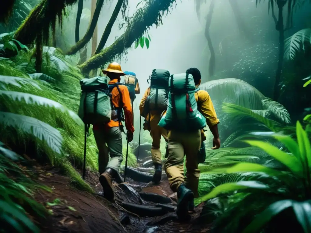 Un grupo de exploradores se adentra en una selva densa y brumosa, equipados con prevenciones salud exploradores desconocido, listos para la aventura.