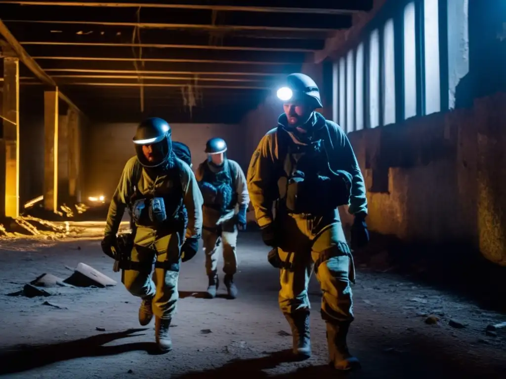 Un grupo de exploradores urbanos con equipamiento para exploración urbana en ruinas, iluminando el interior oscuro de un edificio abandonado.