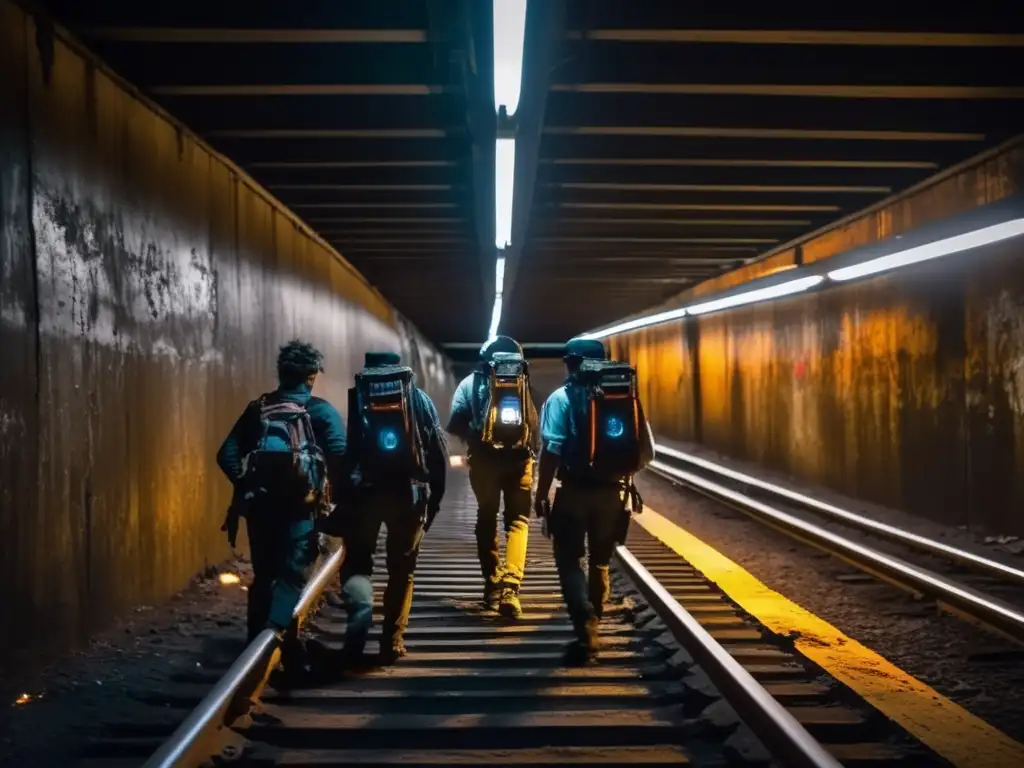 Un grupo de exploradores urbanos con exoesqueletos avanza con cautela en un túnel de metro abandonado, iluminando las paredes graffiteadas. Sus luces crean una atmósfera inquietante.