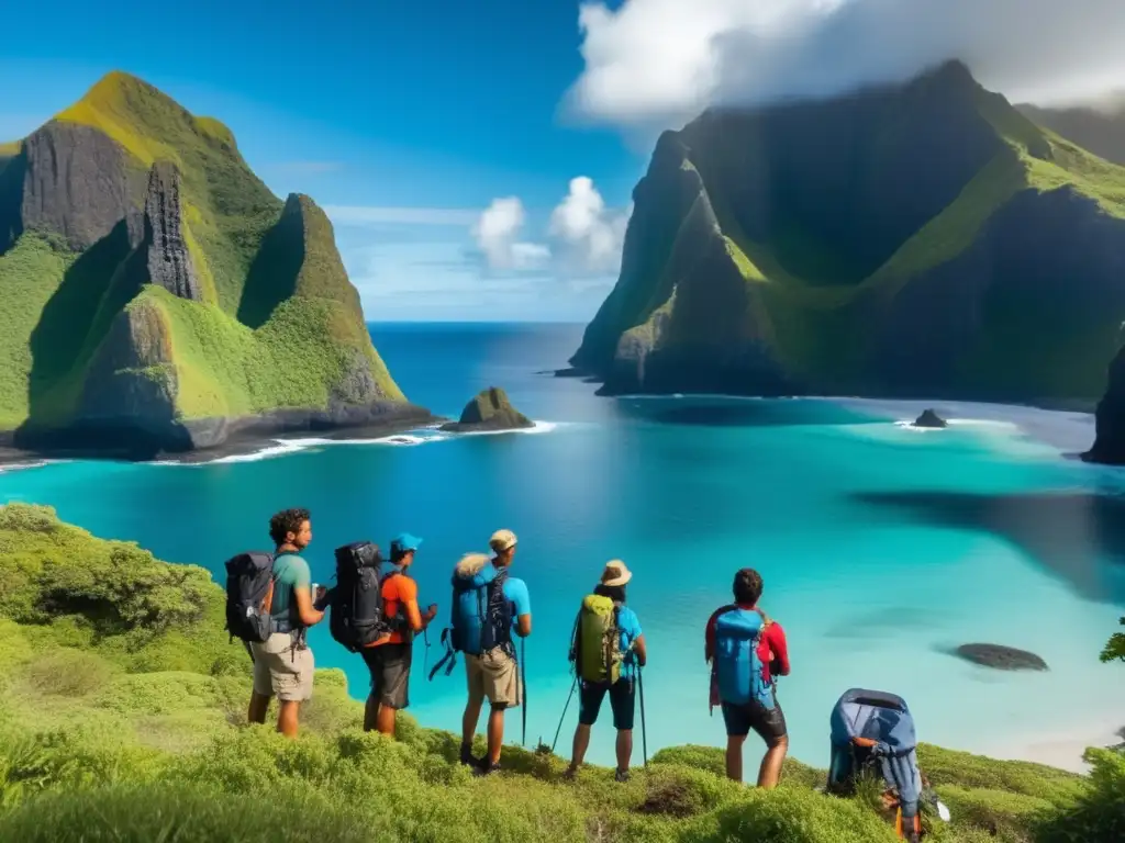 Un grupo de intrépidos exploradores en la remota y deshabitada isla de Oceanía, desafiando paisajes salvajes y vírgenes.