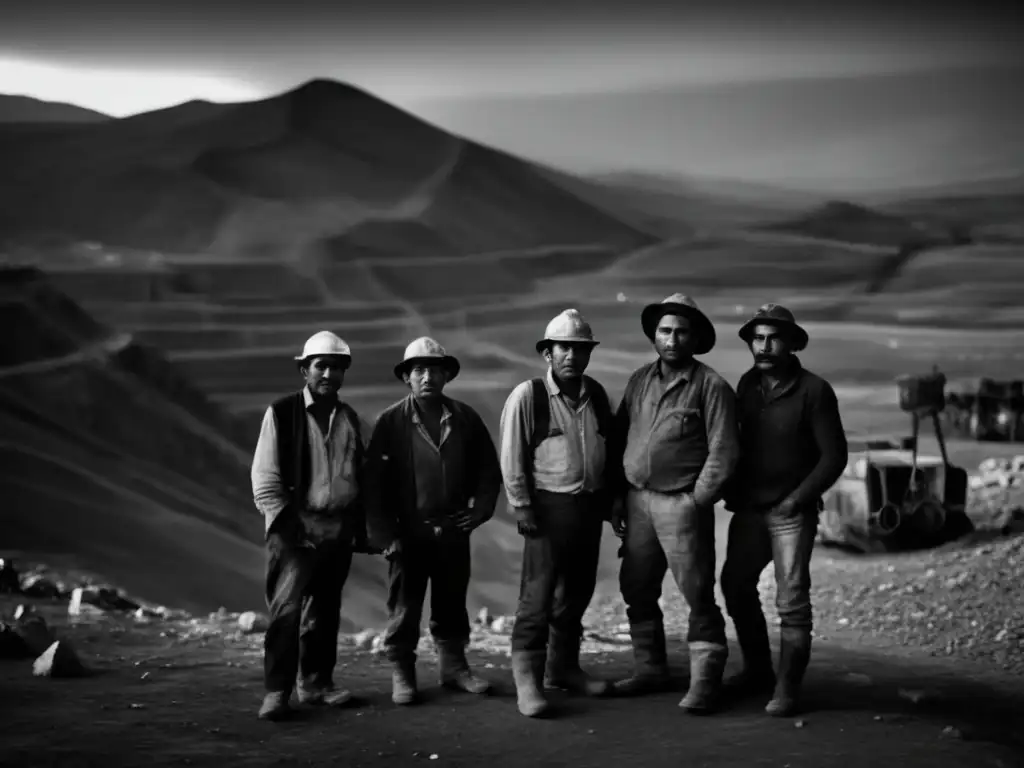 Un grupo de mineros agotados frente a la entrada de una mina de plata en Potosí, evocando la historia de las minas olvidadas de Potosí.