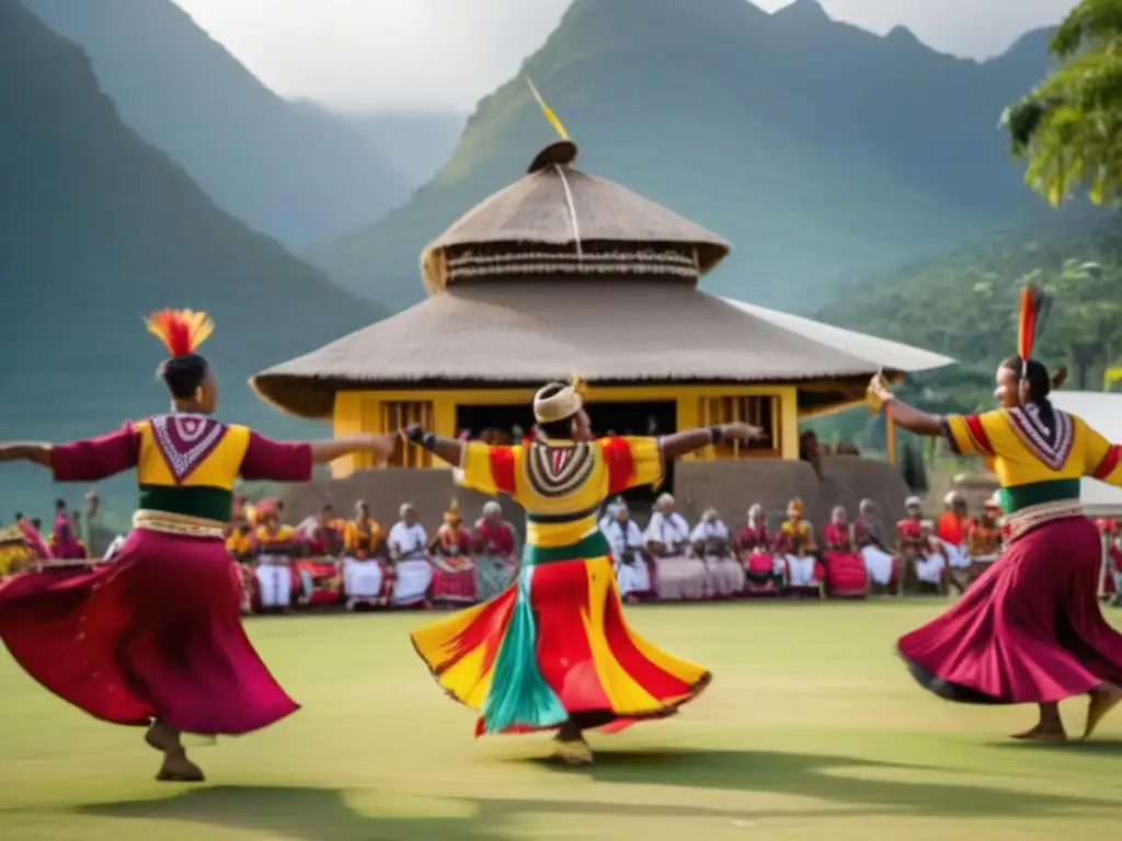 Un grupo de músicos y bailarines indígenas vistiendo trajes tradicionales realizan una danza ceremonial frente a un templo centenario, rodeados de exuberante vegetación y montañas. Sus movimientos y atuendos coloridos muestran la rica herencia cultural y la importancia del folclore