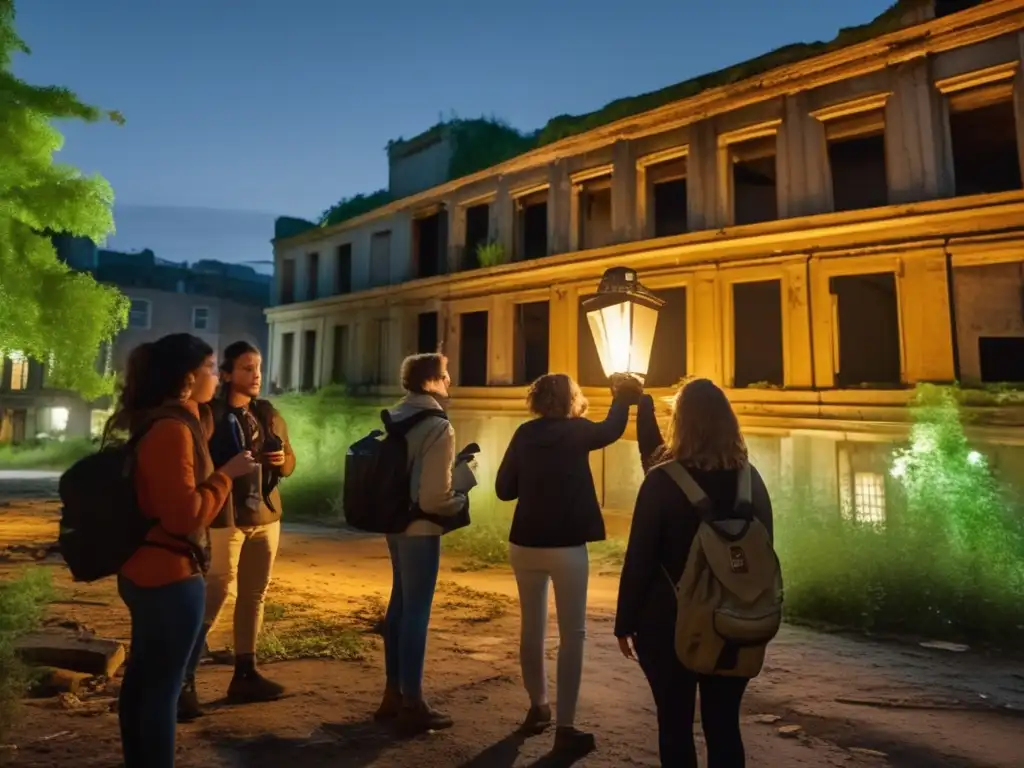 Un grupo de turistas en una ciudad abandonada iluminada por una linterna, en un tour en ciudades fantasma, con una atmósfera misteriosa y cautivadora.