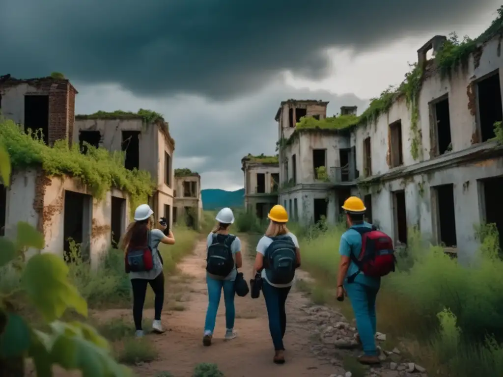 Un grupo de turistas explora una ciudad fantasma con medidas de seguridad, guiados por un experto. <b>El ambiente es misterioso y cautivador.