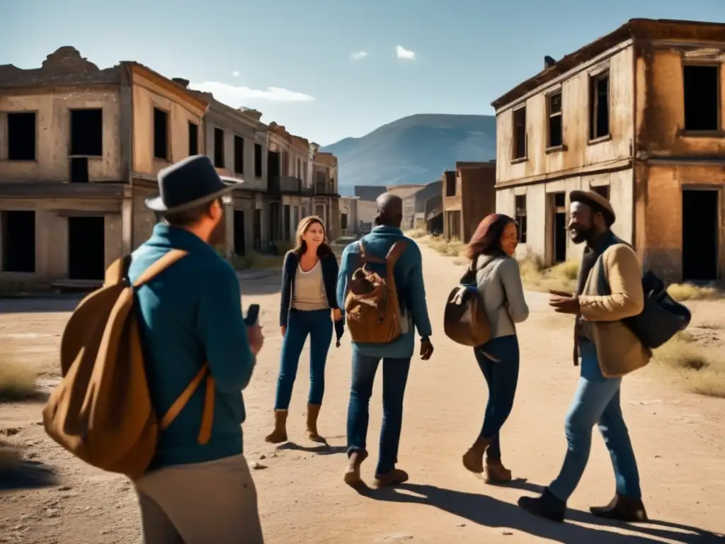 Grupo de turistas interactuando con residente local en ciudad fantasma, escuchando la historia del lugar entre ruinas y sombras misteriosas.