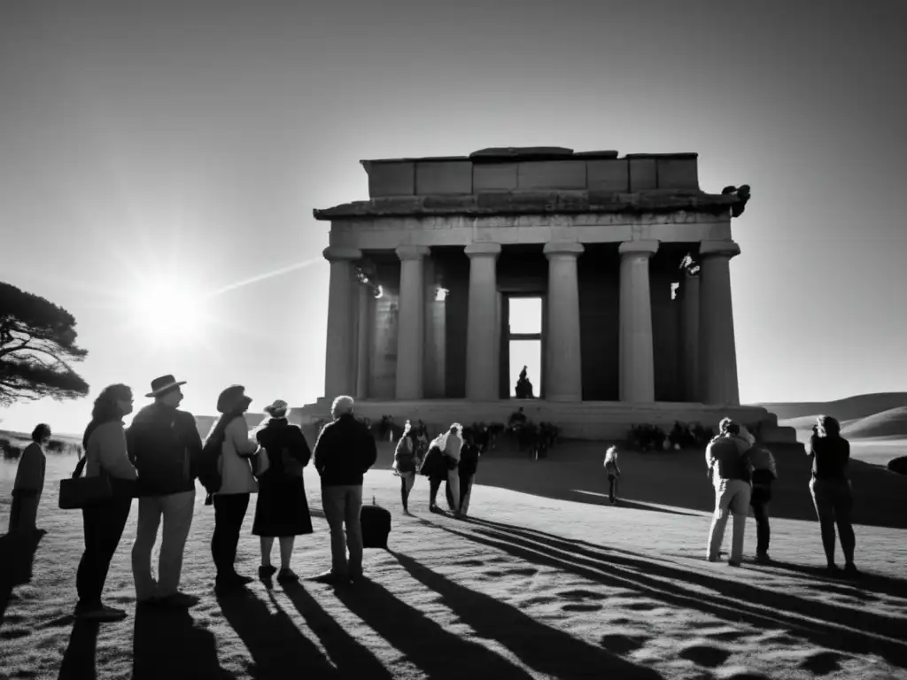 Un grupo de turistas contempla con respeto un monumento histórico al atardecer, evocando la preservación de la memoria histórica a través del turismo.