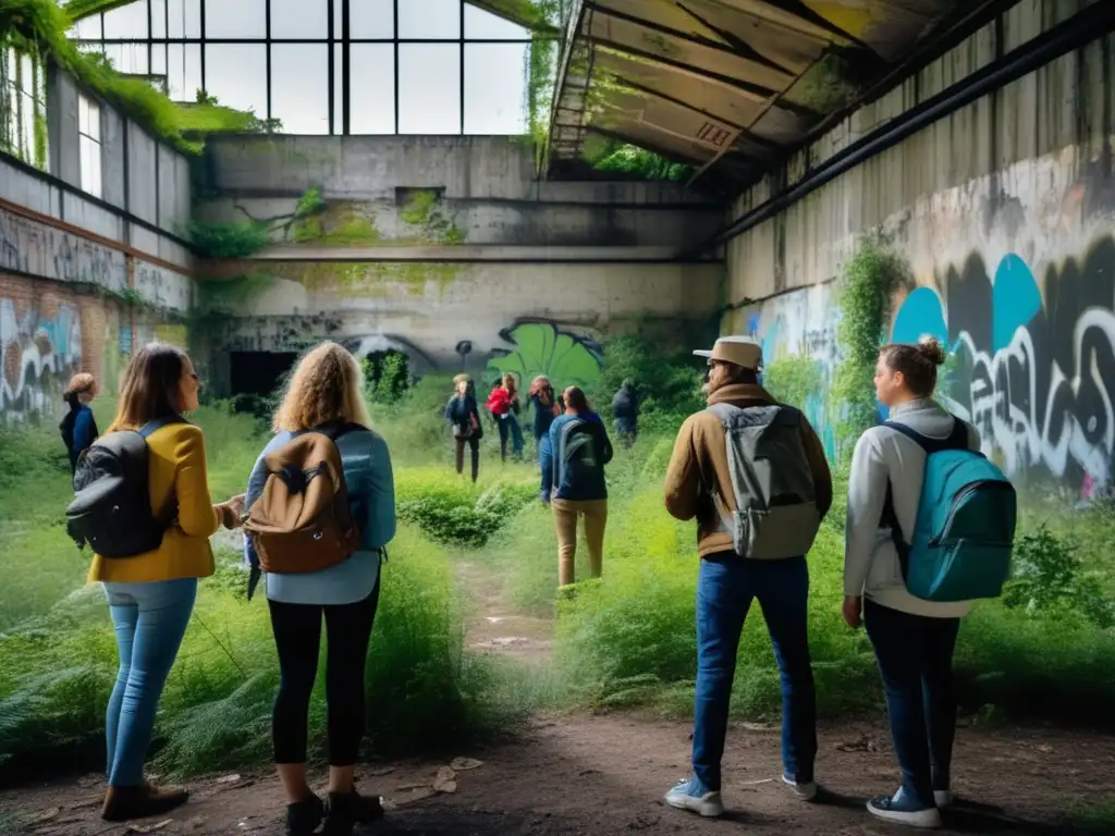 Un grupo de turistas explora un sitio industrial abandonado con paredes cubiertas de graffiti, mientras escuchan atentamente a un guía hablar sobre la historia del lugar y su transformación en área de conservación. La imagen destaca la relación entre el turismo oscuro y los esfuerzos de conservación, con una atmósfer