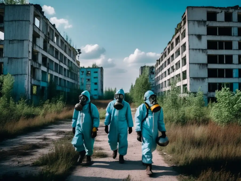 Un grupo de turistas con trajes protectores y máscaras de gas exploran las calles abandonadas de Pripyat. Los edificios en ruinas y la vegetación sobresalen en contraste con el cielo azul. Al fondo se divisa la silueta distante de la planta nuclear de Chernóbil, envuelta