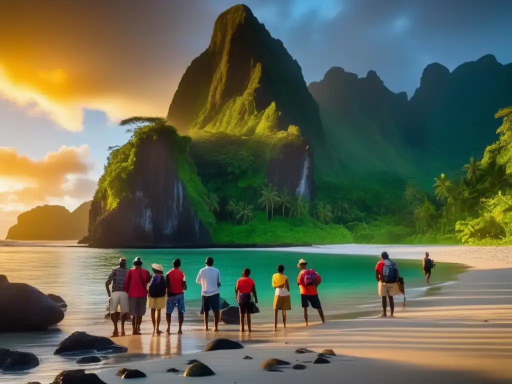 Un grupo de viajeros agotados se maravillan en la orilla de una isla remota del Pacífico al atardecer. Sus rostros reflejan alivio y asombro ante la belleza natural de su nuevo refugio. Al fondo, la silueta de un pequeño bote evoca su