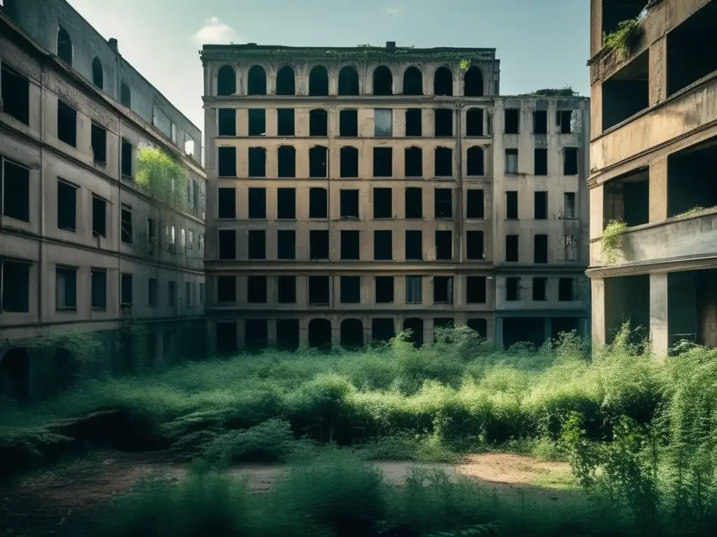 Una fotografía documentalmente hermosa de una ciudad abandonada, con edificios en ruinas y vegetación sobrepasando el paisaje urbano. <b>Evoca la atmósfera inquietante de la ciudad fantasma, con un juego dramático de luces y sombras que crea un sentido de misterio.</b> El suave es