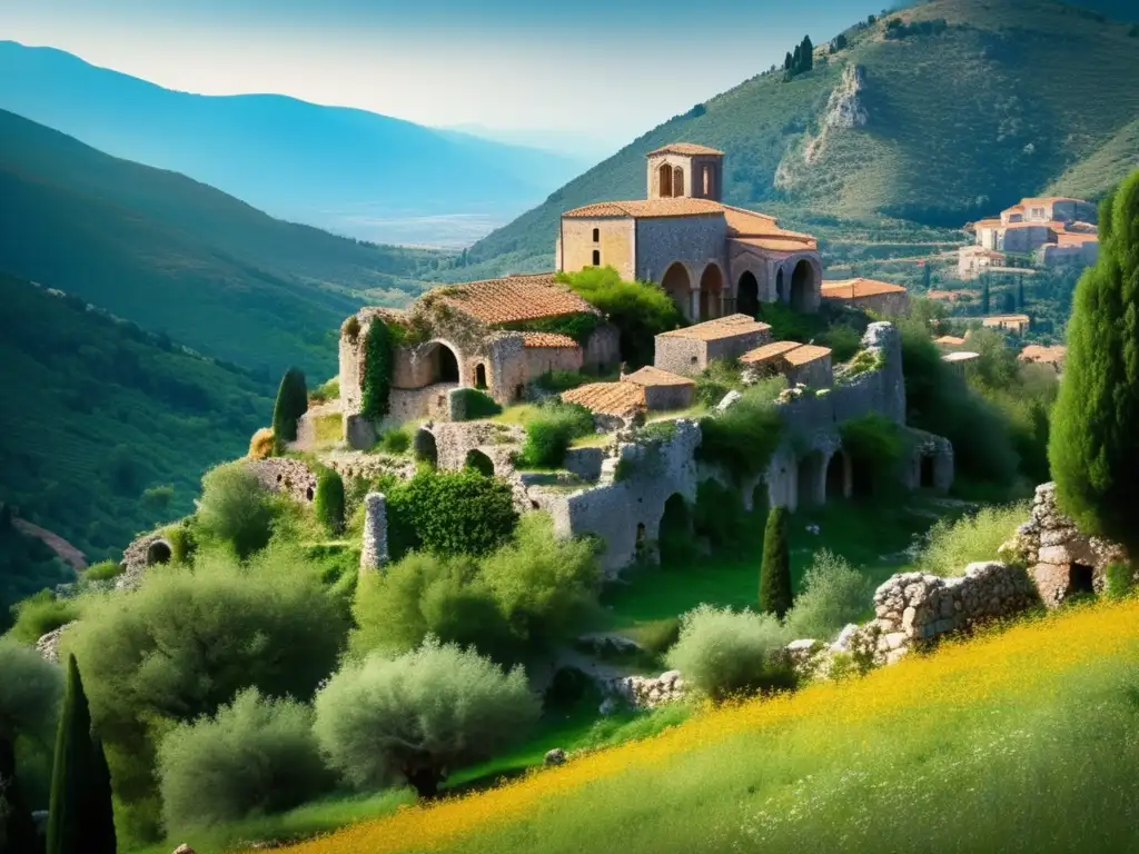 Una hermosa imagen de la ciudad abandonada de Mystras en Grecia, con impresionante arquitectura de piedra, en medio de la naturaleza exuberante.