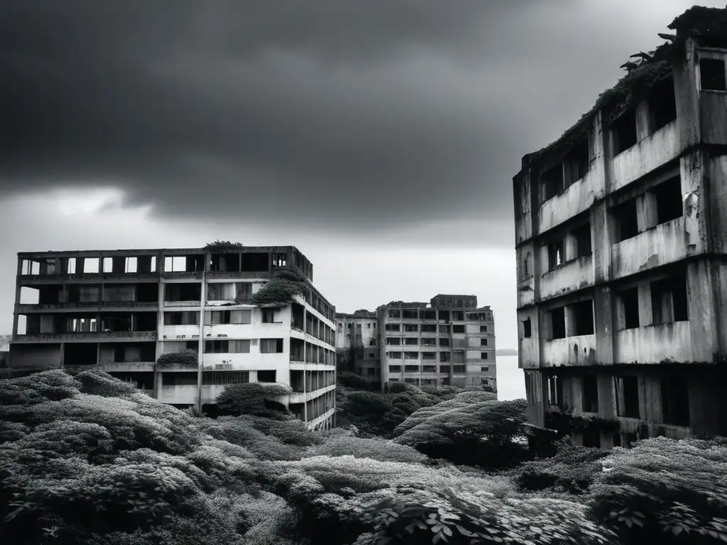 La fotografía muestra la historia isla fantasma Hashima con edificios abandonados y vegetación. Una atmósfera desolada y misteriosa.