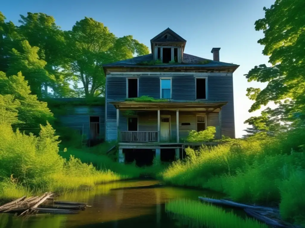 Explora la historia de la Isla Deer Canadá abandonada a través de esta imagen detallada de los edificios en ruinas y la exuberante vegetación.