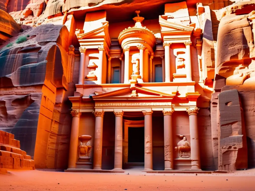 Explora la historia oculta de Petra mientras observas el detallado Al-Khazneh y su entorno rocoso y misterioso en Jordania.