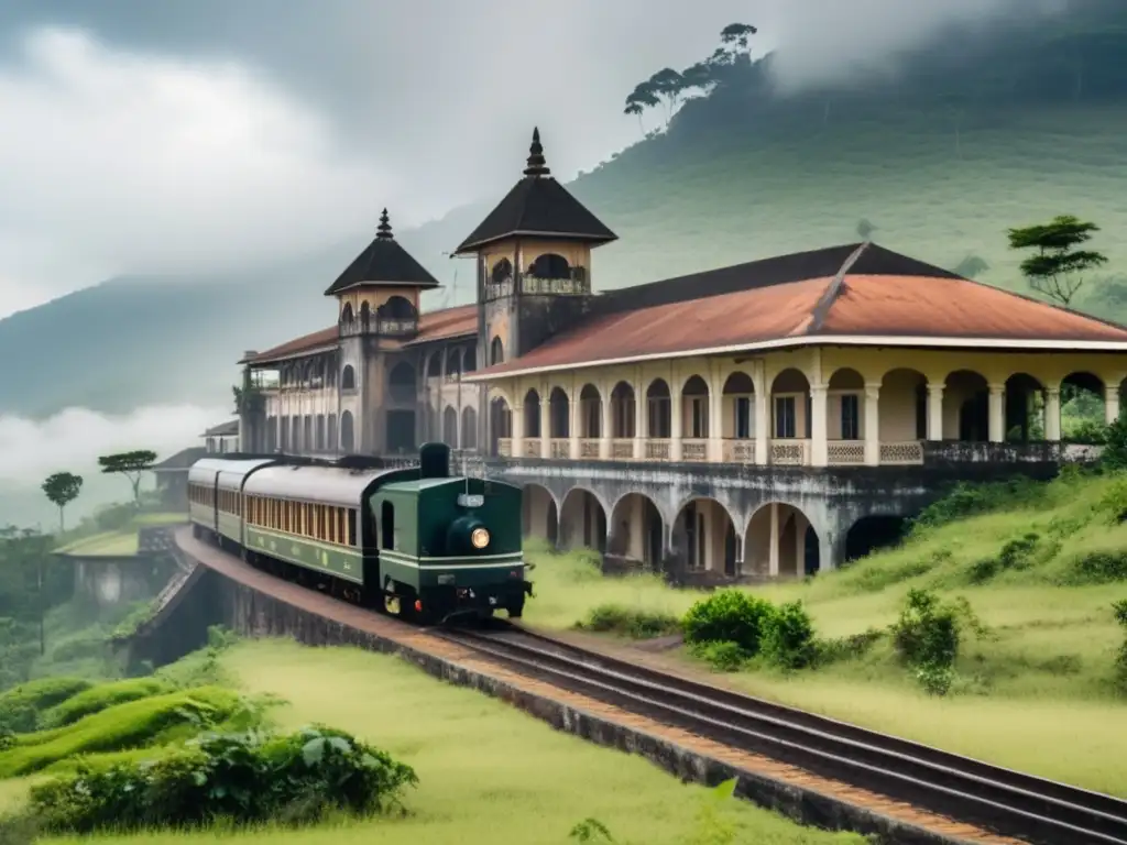 La histórica Estación de tren de Bokor Hill en Camboya se destaca entre exuberante vegetación y montañas cubiertas de niebla. Un tren de vapor vintage añade nostalgia a la escena, mientras los turistas exploran la majestuosa arquitectura colonial.