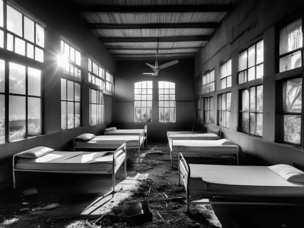 Explorando hospitales de campaña desmantelados: Fotografía en blanco y negro de un hospital abandonado, con camas vacías y equipo médico desechado, invadido por la vegetación. <b>Una escena desoladora y melancólica.