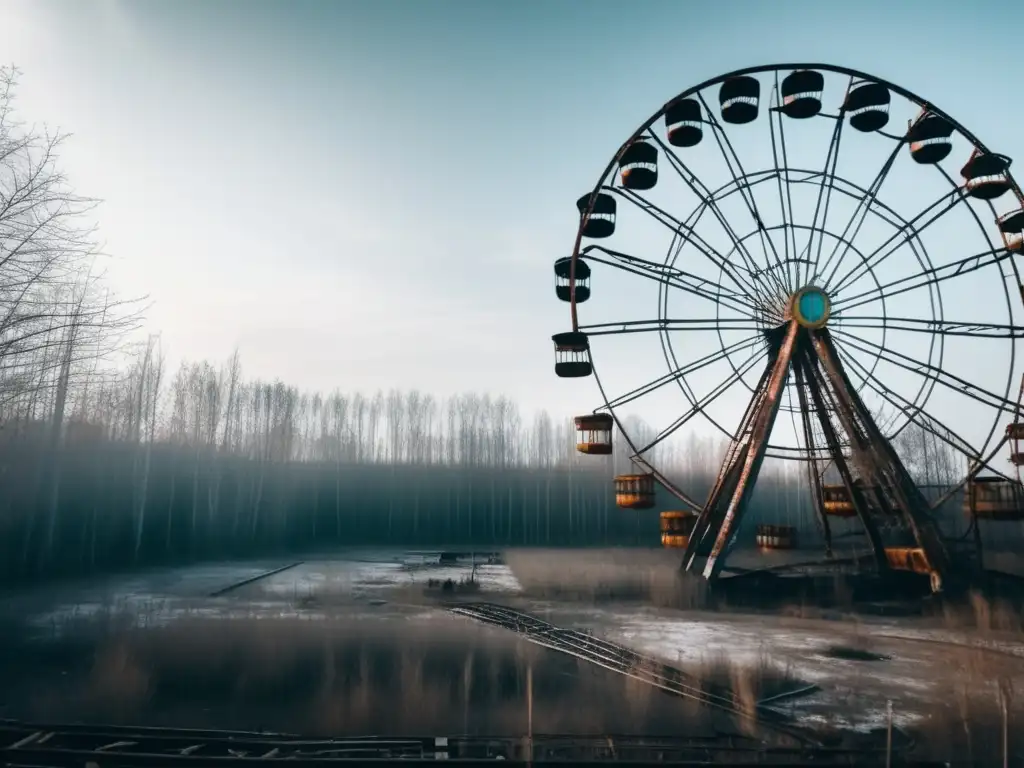 La icónica noria en el parque de atracciones abandonado de Pripyat, un recordatorio inquietante de los riesgos de visitar Chernóbil hoy.