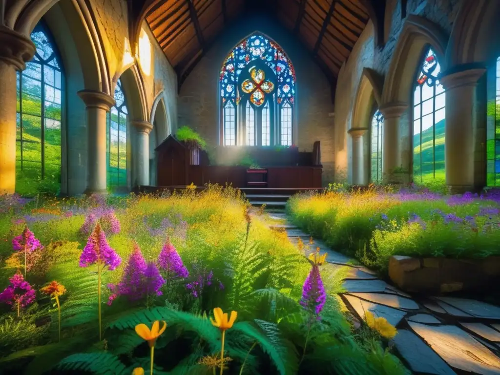 Una iglesia abandonada y cubierta de vegetación en un lugar remoto, con flores silvestres y luz solar filtrándose por las ventanas rotas, creando patrones de colores en el suelo cubierto de musgo. El entorno de aislamiento sereno evoca la sensación de tiempo detenido en este