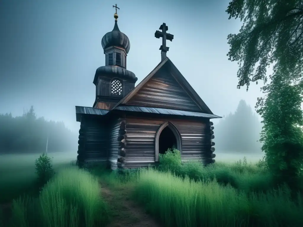 Iglesia abandonada Pechenga Rusia: Detalle de la fachada de madera envejecida y la vegetación circundante en un paisaje misterioso y desolado.