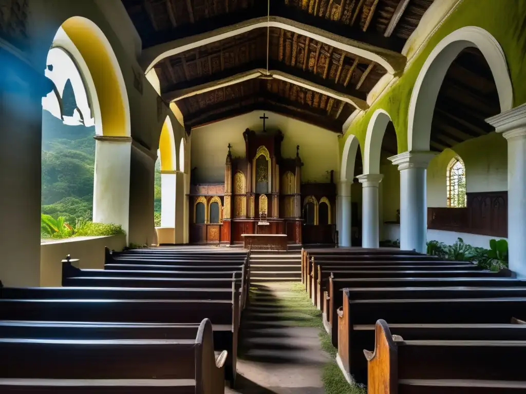 Iglesia colonial abandonada en Ecuador, envuelta en naturaleza exuberante y misterio histórico. Luces y sombras crean escena evocadora.