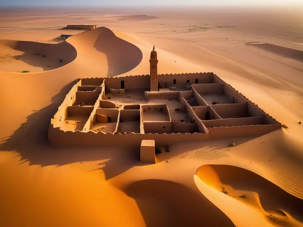 La imagen muestra la asombrosa ciudad fantasma de Chinguetti en Mauritania, con su antigua mezquita y el paisaje desértico.