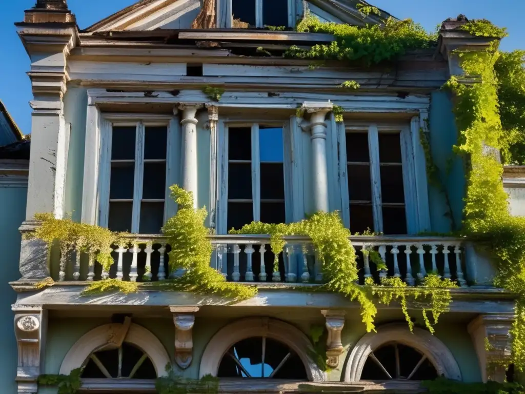 La imagen muestra la belleza decadente de un edificio histórico abandonado, resaltando la necesidad de conservación purista en lugares abandonados.