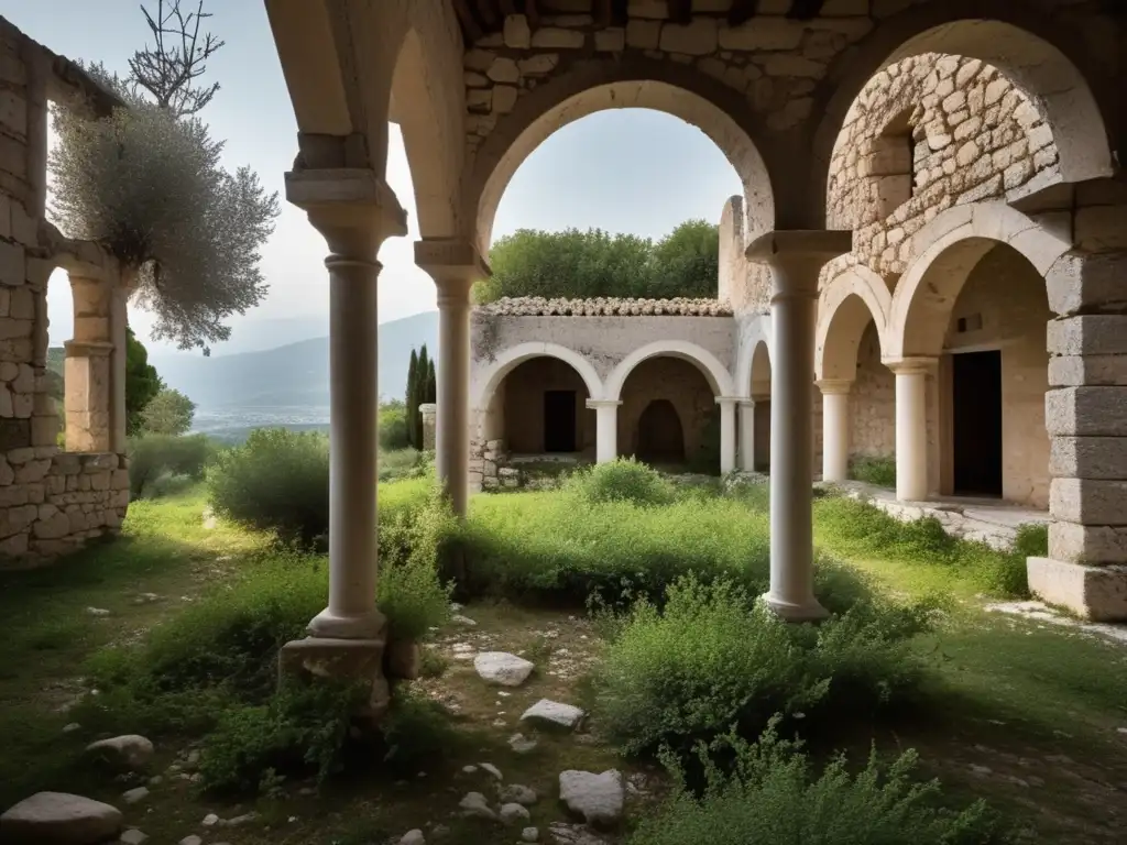 La imagen muestra la belleza decrépita del Monasterio Daphni en Grecia, con una atmósfera tranquila pero inquietante.