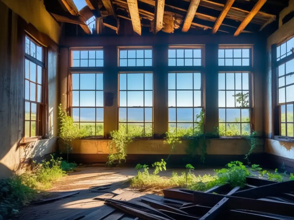 La imagen muestra la belleza melancólica de un edificio abandonado en una ciudad fantasma, con la luz del sol filtrándose a través de ventanas rotas y creando sombras dramáticas en las paredes agrietadas. La naturaleza se entrelaza con el metal oxidado y la madera desgastada, ofreciendo