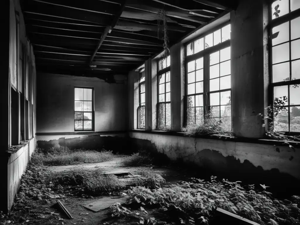 La imagen en blanco y negro de un edificio abandonado y deteriorado, cubierto de maleza. <b>Evoca la desolación y el abandono, capturando la belleza melancólica de un espacio olvidado.</b> <b>Organizaciones conservan memoria espacios deshabitados.