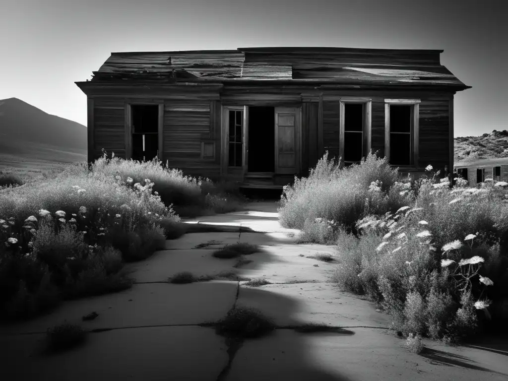 Una imagen en blanco y negro captura el espíritu de ciudades fantasmas con edificios abandonados y la naturaleza reclamando su espacio.