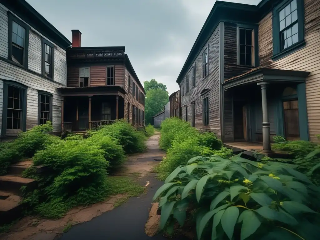 La imagen muestra las calles abandonadas de Salem, con vegetación invadiendo la antigua ciudad colonial. El ambiente es inquietante, con edificios en ruinas y una atmósfera desolada que evoca la historia fantasmal de Salem como ciudad abandonada.