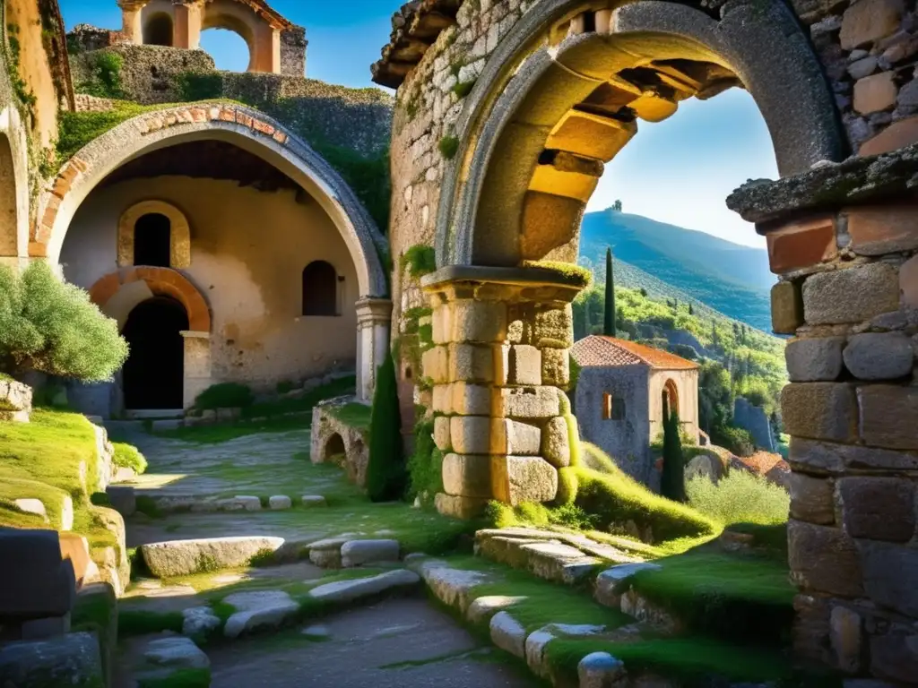 La imagen muestra la ciudad abandonada de Mystras en Grecia, con su arquitectura de piedra, en medio de una atmósfera histórica y mística.