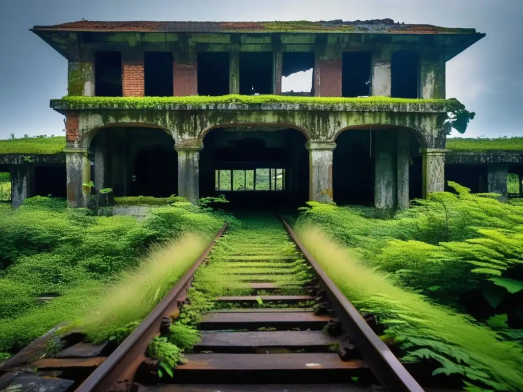 La imagen muestra la decadente fachada de la abandonada Estación de tren de Bokor Hill, invadida por la vegetación y el paso del tiempo.