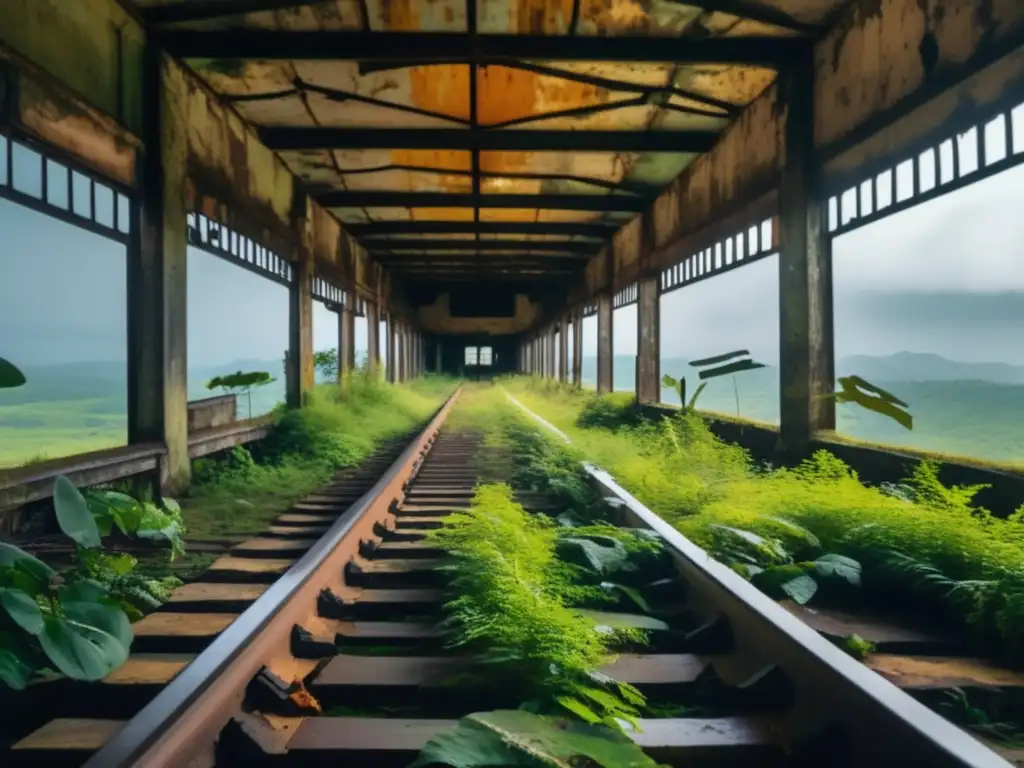 La imagen muestra la deslumbrante estación de tren de Bokor Hill en Cambodia, con una atmósfera melancólica y naturaleza exuberante.