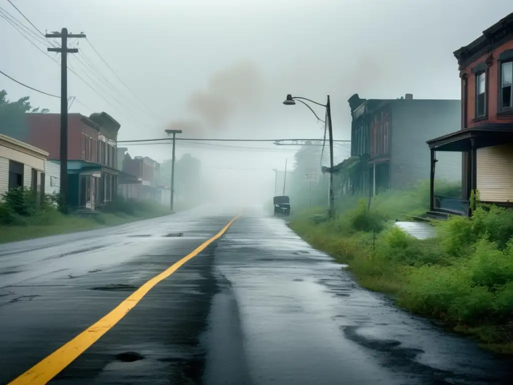 Una imagen desolada de Centralia, Pensilvania, envuelta en niebla espesa, revela un escenario de abandono y misterio. Las estructuras deterioradas y el paisaje desolado evocan la atmósfera de una ciudad fantasma secreto.