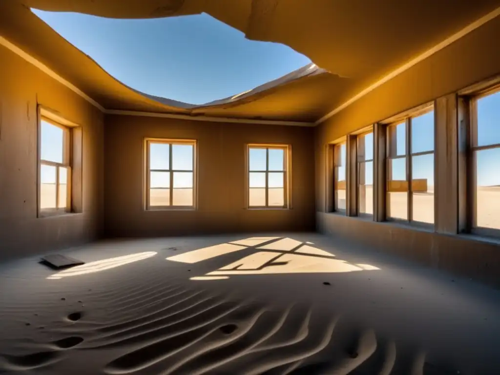 Una imagen 8k detallada de las habitaciones abandonadas y llenas de arena de Kolmanskop, Namibia, capturando la belleza evocativa de la ciudad fantasma.