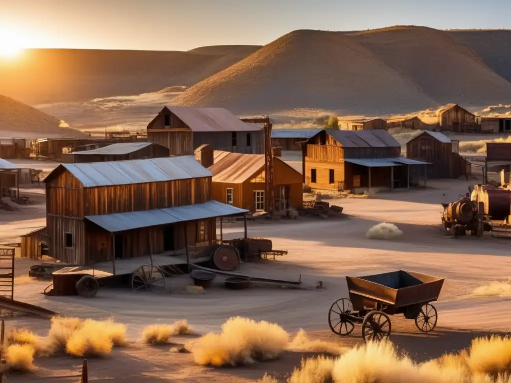 Una imagen detallada de un pueblo minero abandonado, con edificios en ruinas cubiertos de óxido y polvo, rodeados de restos de equipos mineros y carros abandonados. La silenciosa soledad del pueblo fantasma se yuxtapone con el rico legado histórico y los ecos del pasado bul