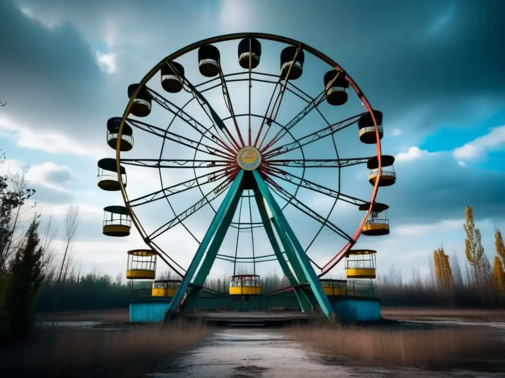 Una imagen documental de alta resolución del parque de atracciones abandonado en Pripyat, Chernobyl. <b>Destaca la noria cubierta de vegetación y las estructuras parcialmente derrumbadas, con un telón de fondo desolador.</b> Captura la atmósfera postapocalíptica del sitio, res