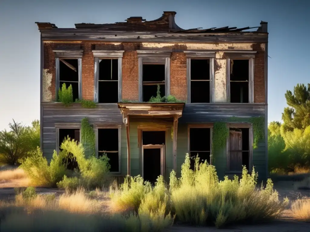 Una imagen documental en alta resolución de un edificio abandonado y deteriorado en una ciudad fantasma. <b>La vegetación descontrolada, ventanas rotas y pintura descascarada crean una atmósfera inquietante.</b> El juego de luces y sombras resalta la sensación de desolación, transmitiendo una belleza in