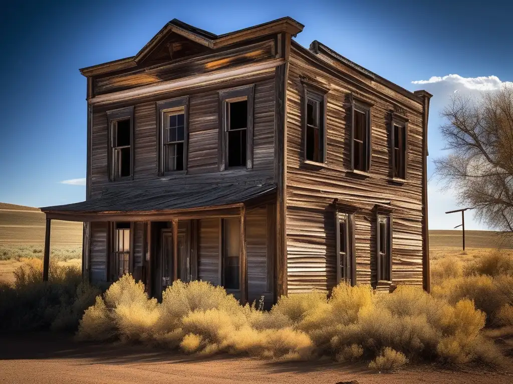 Una imagen documental de alta resolución de un edificio abandonado y desgastado en Fairbank, Old West. Revela los secretos perdidos de este lugar con una sensación de historia y misterio en su dramática iluminación.