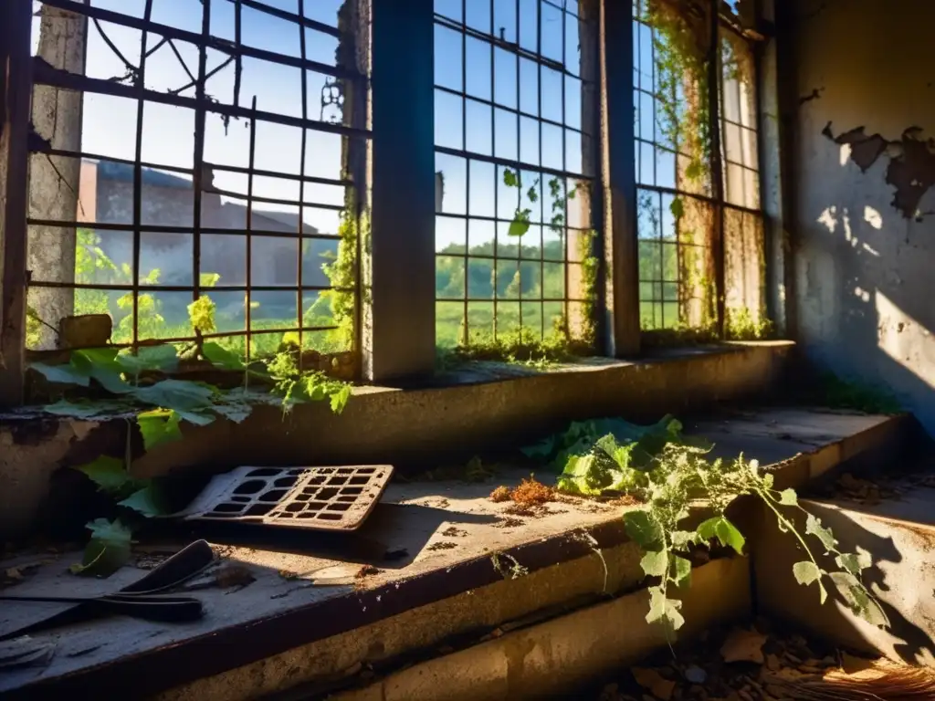 La imagen muestra un edificio abandonado con elementos de moda vintage, evocando la influencia de los lugares abandonados en el estilo y la estética. <b>Lugares abandonados moda estilo.