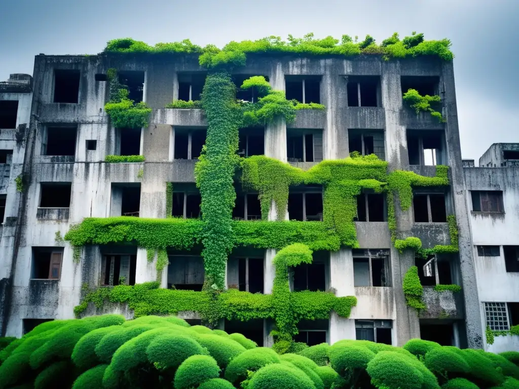 La imagen muestra la fachada de un edificio abandonado en la Isla de Hashima, con paredes de concreto desmoronadas y ventanas rotas. La vegetación ha comenzado a reclamar la estructura, creando un fuerte contraste entre lo artificial y lo natural. El cielo nublado añade a