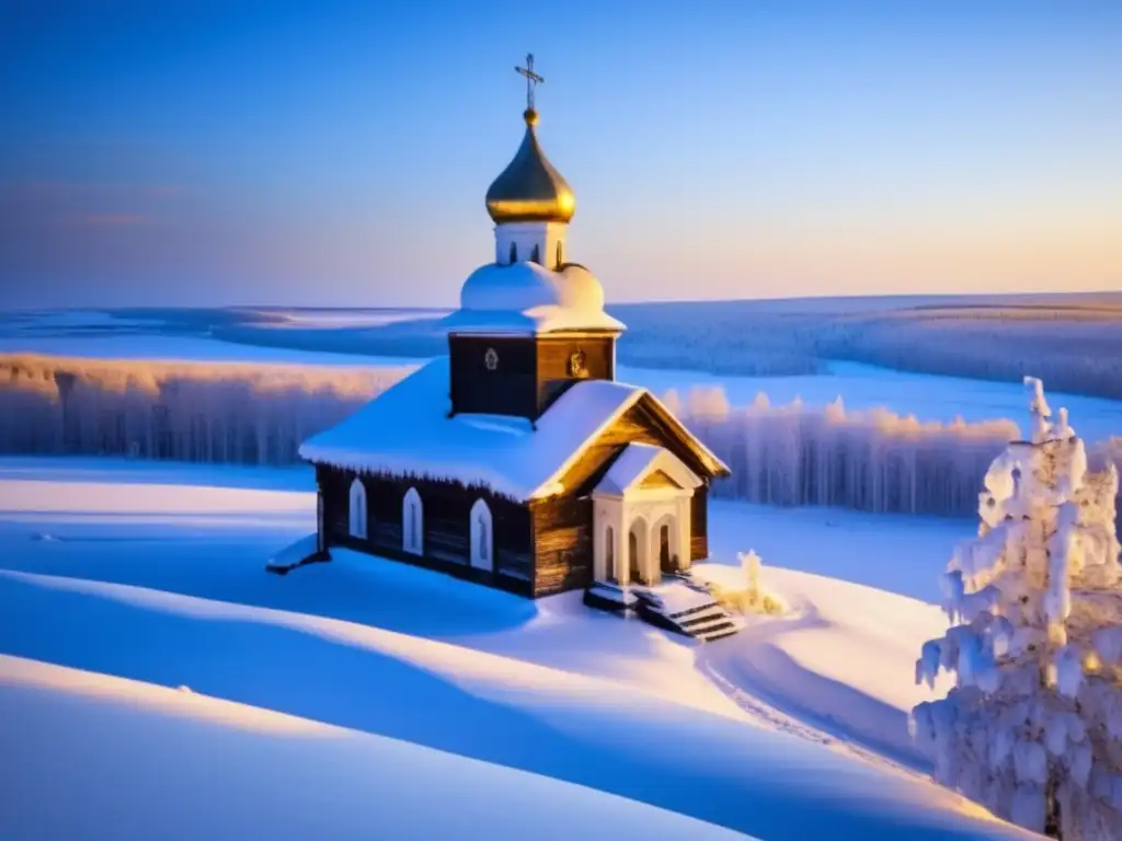 La imagen muestra la iglesia abandonada Pechenga en Rusia, cubierta por la nieve. <b>Un monumento cautivador de gracia y historia atemporal.