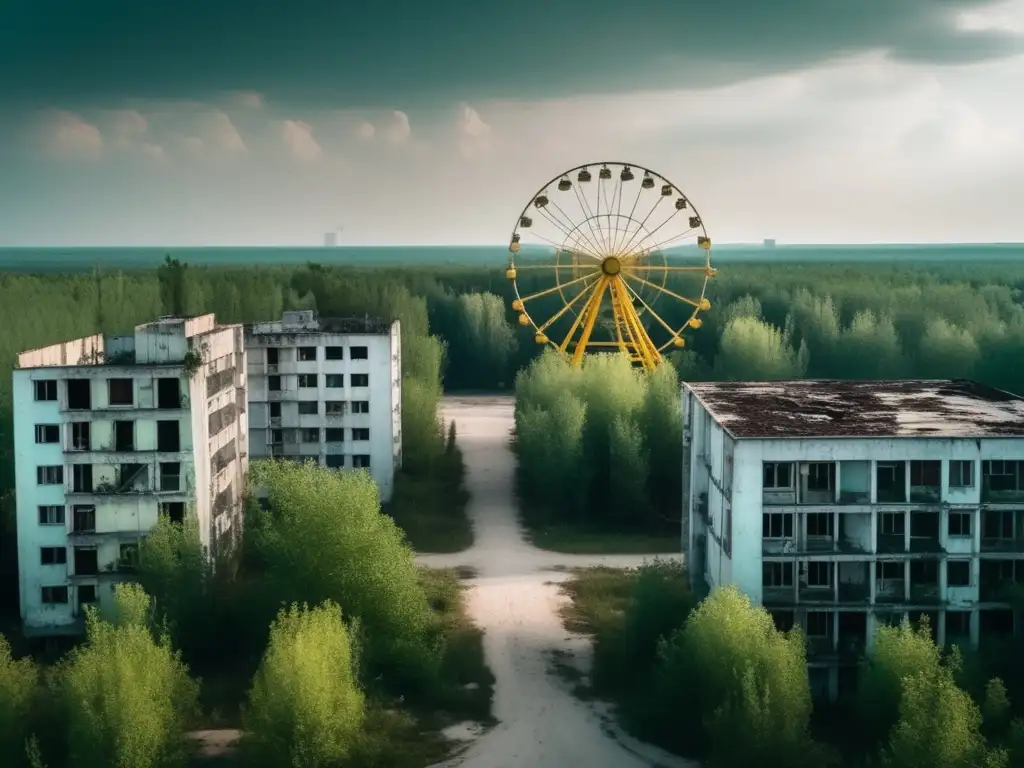 La imagen muestra la impactante escena de Pripyat, con la rueda de la fortuna icónica al fondo y la naturaleza reclamando el paisaje urbano. Refleja la necesidad de desarrollo sostenible en Pripyat tras el desastre nuclear de Chernobyl.