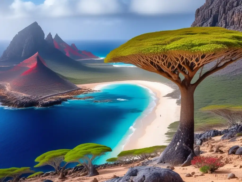 La imagen muestra la mágica historia de la Isla Socotra en Yemen con sus árboles de sangre de dragón y paisaje surrealista bañado por la cálida luz del atardecer.