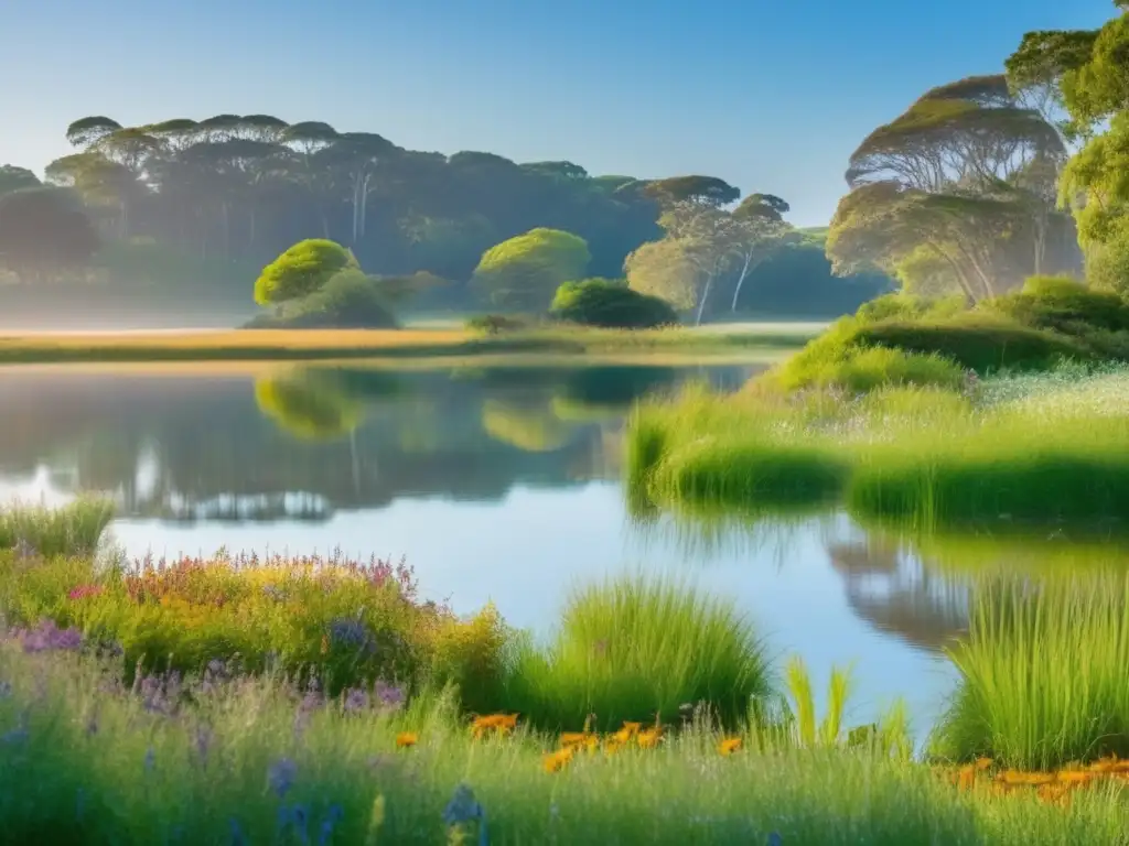 La imagen muestra El Milagro de Times Beach: un paisaje sereno y soleado con vida silvestre próspera y una transformación ecológica impresionante.