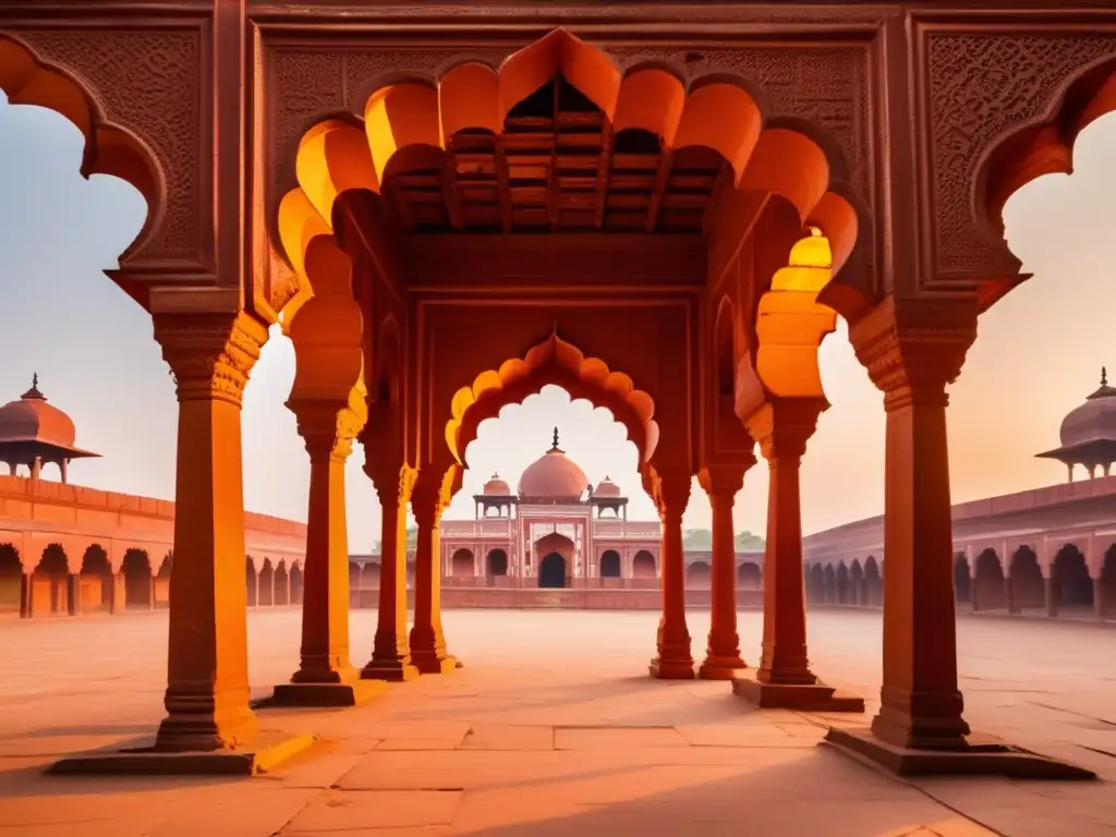 La imagen muestra el misterioso abandono de Fatehpur Sikri, con el icónico Buland Darwaza en el fondo, bañado en cálida luz dorada.