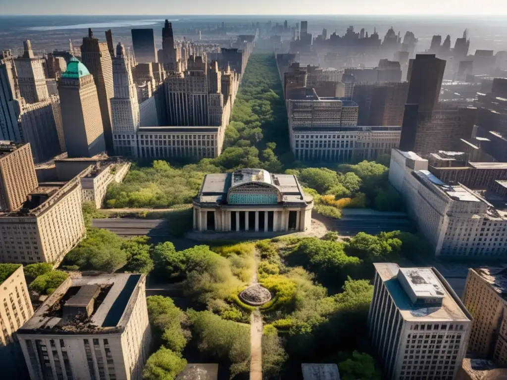 Una impactante fotografía aérea de una ciudad abandonada, con calles vacías y edificios en ruinas. <b>El sol proyecta sombras dramáticas, creando una atmósfera desolada.</b> <b>En primer plano, una gran plaza agrietada y cubierta de vegetación.</b> Al fondo, los restos esquelét