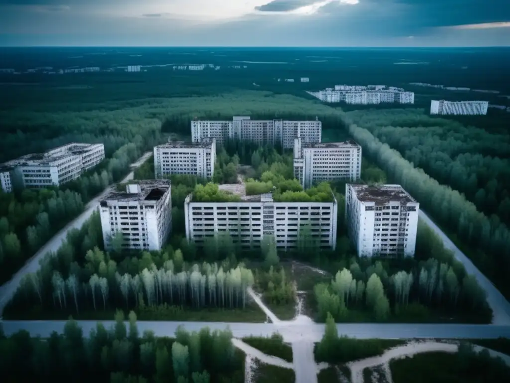 Una impactante imagen aérea de la abandonada ciudad de Pripyat, mostrando la desolación de Chernóbil destino turístico educativo.