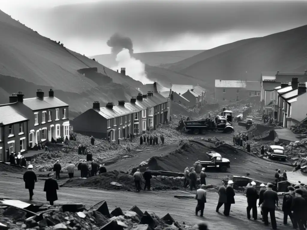 Una impactante imagen en blanco y negro de la tragedia minera Aberfan, con escombros, rescatistas y un ambiente sombrío de desolación y esfuerzo humano.